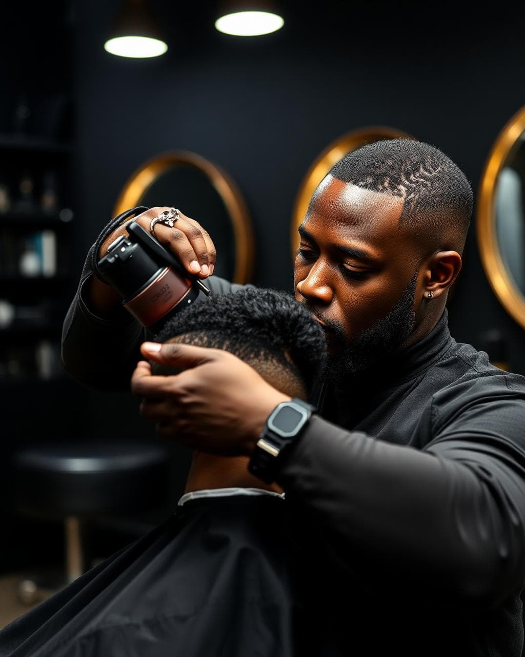 Barbier professionnel réalisant un dégradé sur un client