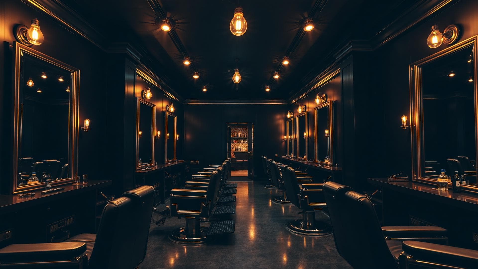 Intérieur d'un barber shop premium éclairé de lumière dorée
